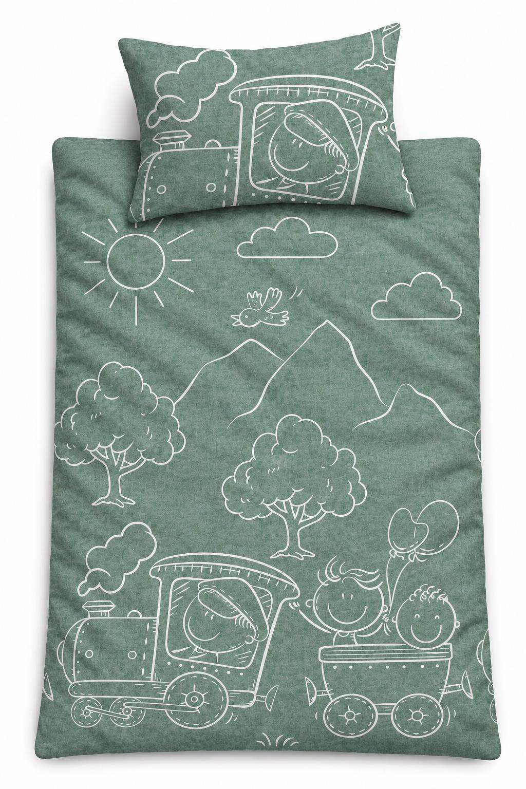 BIBER-BETTWÄSCHE 100x135 Baby - Made in Germany! Flauschig warmer Flanell Kinder Bettbezug aus 100% Baumwolle für Herbst & Winter - Lokomotive Grün - Grün, Textil (100/135cm) - Carpe Sonno