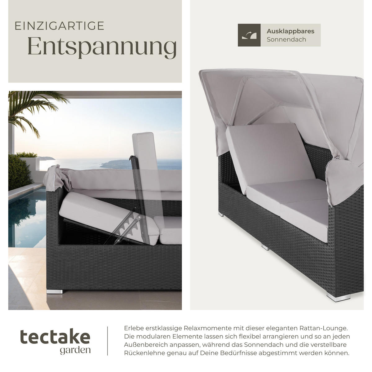 RATTANLOUNGE San Marino,mit Sicherheitsglasplatte, variabel aufstellbar,schwarz - Schwarz, Kunststoff (68/131cm) - tectake