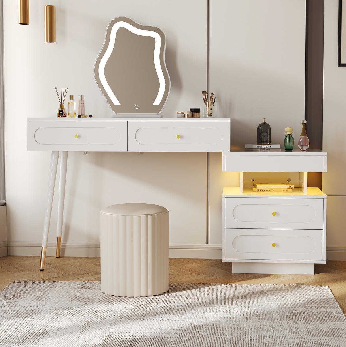SCHMINKTISCH 140/40/130 cm weiß mit LED-Beleuchtung und 4 Schubladen - Weiß, Holzwerkstoff (140/130/40cm) - OKWISH