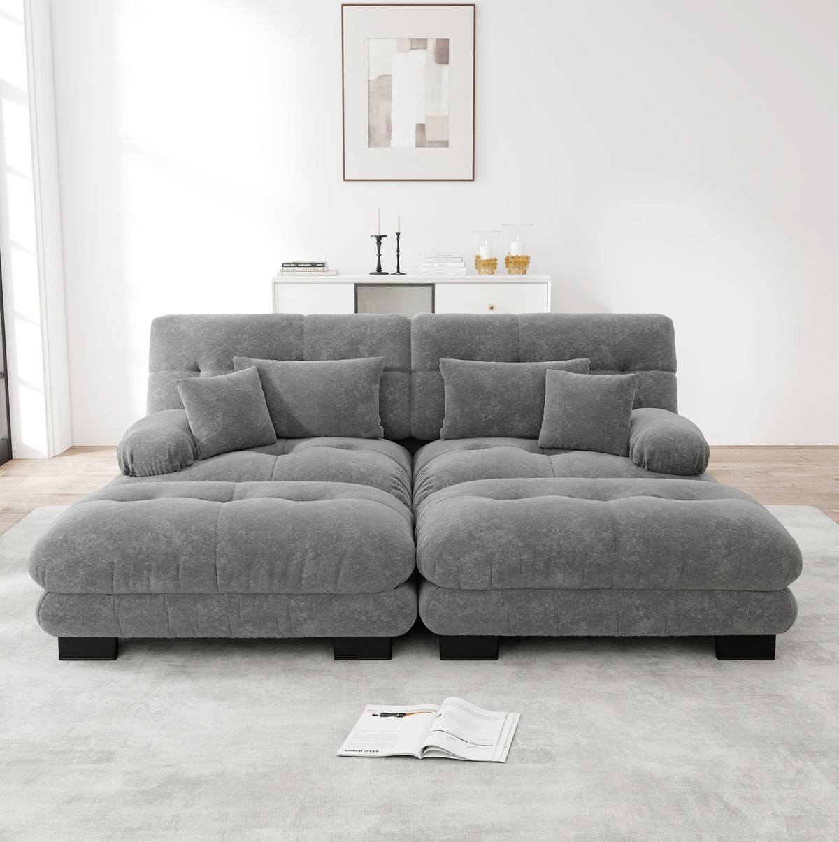 SOFA in Grau aus Chenille mit Ottomans und Lendenkissen - Grau, Textil (145/81/220cm) - Flora Grace