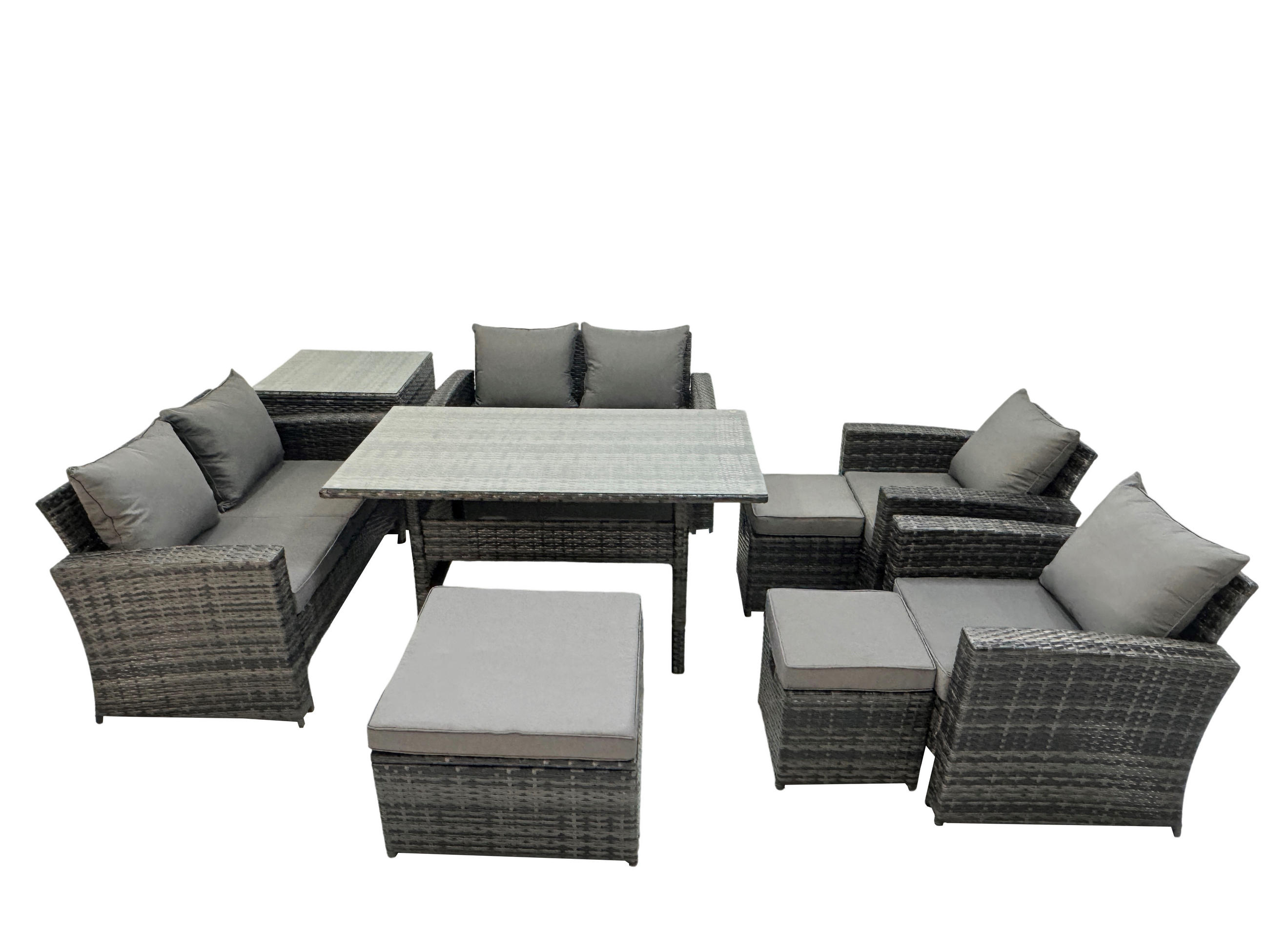 GARTENMÖBELSET mit 2 Sesseln,2 Zweisitzer,3 Hockern,Esstisch,Beistelltisch Polyrattan Dunkelgrau 9-Sitzer - Dunkelgrau/Grau, Glas/Kunststoff - Fimous