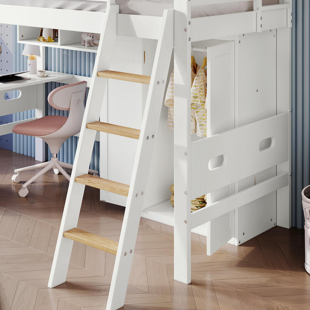 ETAGENBETT 90/200 cm in Weiß/Natur mit Tisch, Kleiderschrank und Stauraum - Weiß, Holz (90/200cm) - OKMYHOME