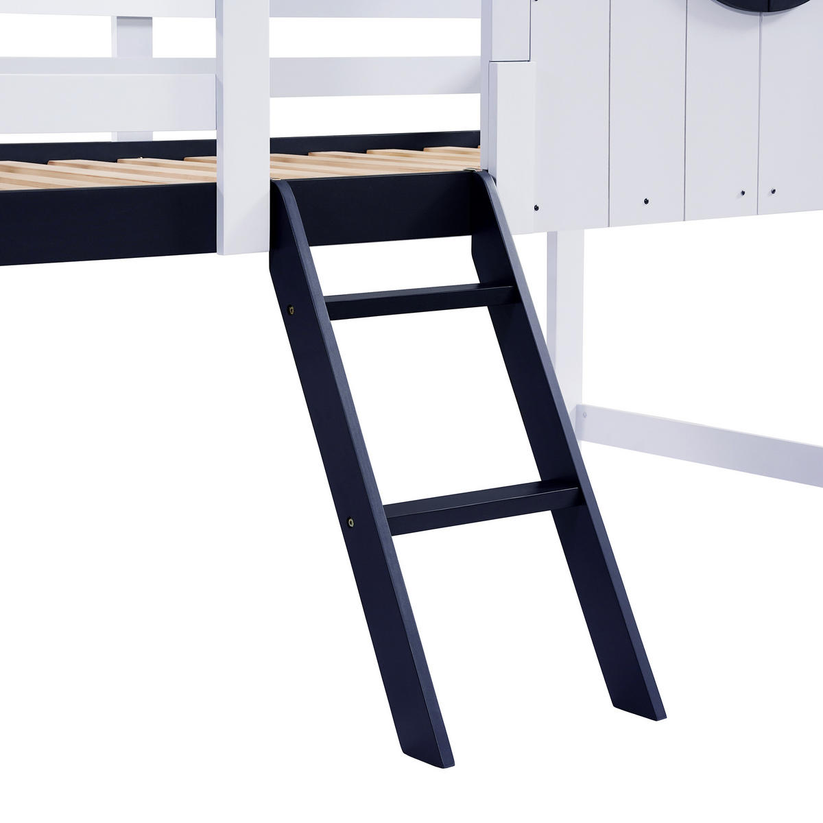 KINDEREINZELBETTEN aus Massivholz und MDF 90x200 cm in Weiß/Dunkelblau mit Dach & Fenster - Weiß, Holzwerkstoff (90/200cm) - Modfu