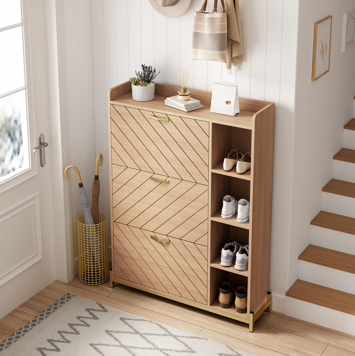 SCHUHSCHRANK 90/24/119 cm natur aus MDF mit 3 Klappen - Naturfarben, Holzwerkstoff (90/119/24cm) - OKWISH