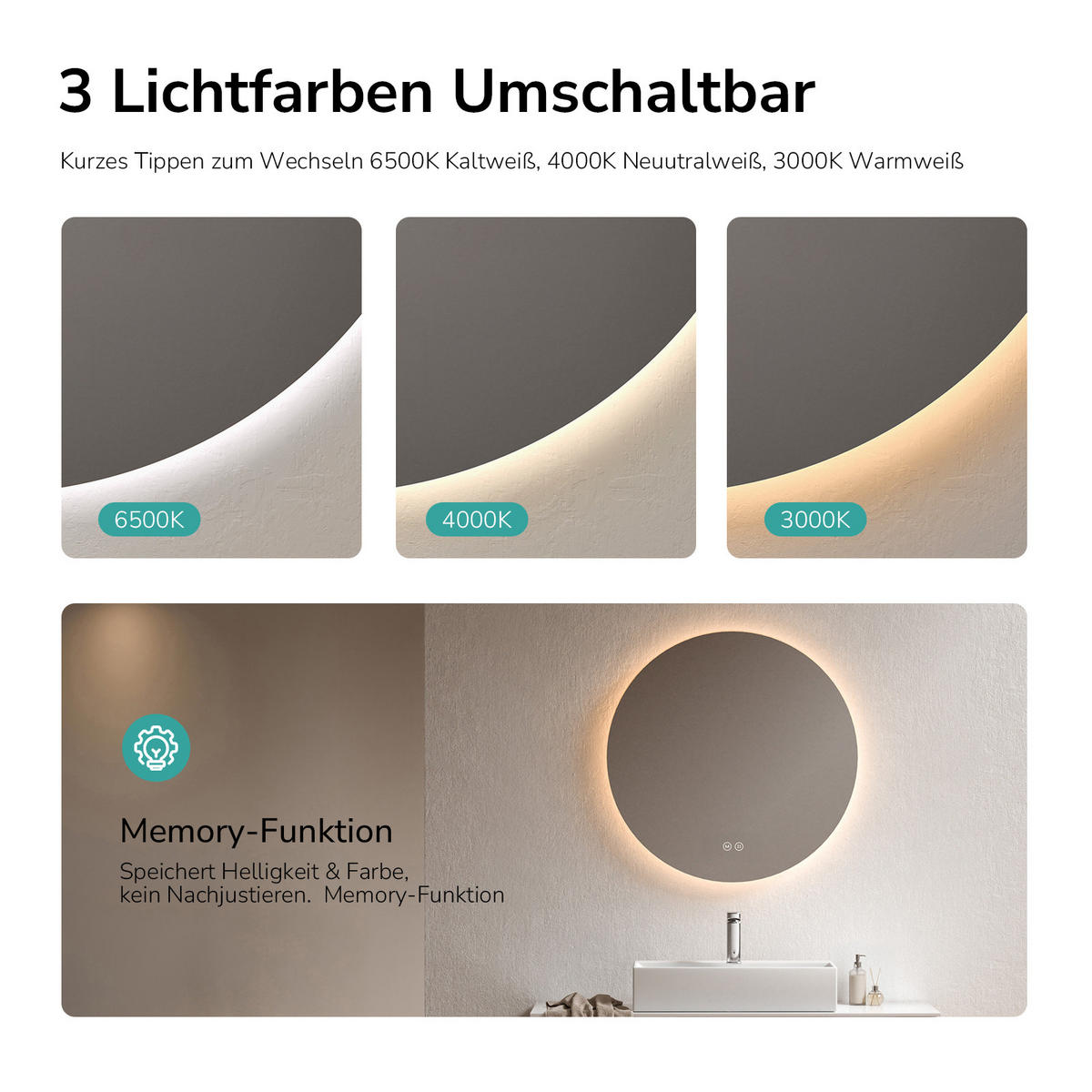 BADSPIEGEL rund mit Beleuchtung rahmenlos Ø80 cm - Weiß, Glas (80/2/80cm) - EMKE