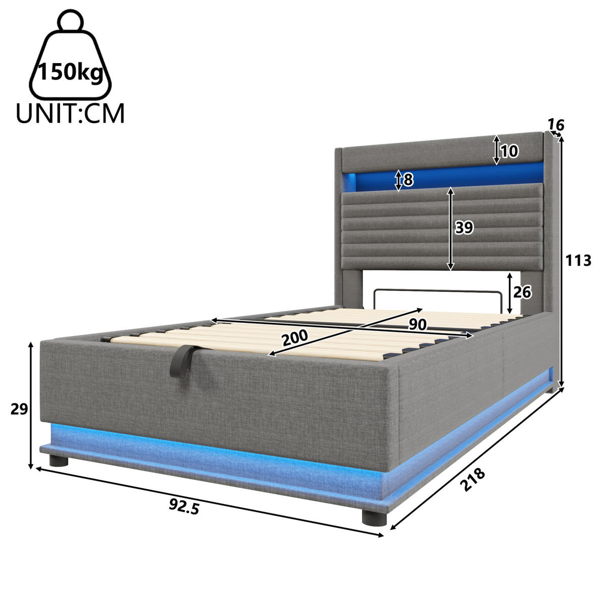 POLSTERBETT 90/200 cm Grau mit LED-Beleuchtung, USB- und Typ-C-Anschluss, hydraulischem Stauraum und Ablage - Grau, Textil (90/200cm) - OKMYHOME