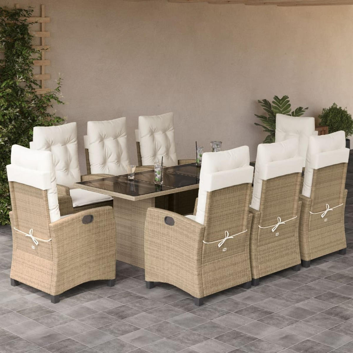 GARTEN-ESSGRUPPE 9-teilig Mit Kissen Beige Poly Rattan - Beige, Kunststoff - vidaXL