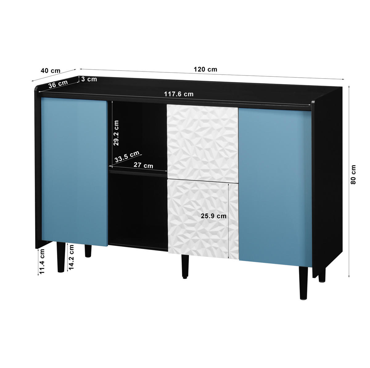 SIDEBOARD 120/40/80 cm, Schwarz/Blau, mit 2 Schubladen, offenem Fach und Schrank, Schwarz/Blau - Blau, Holzwerkstoff (120/80/40cm) - Redom