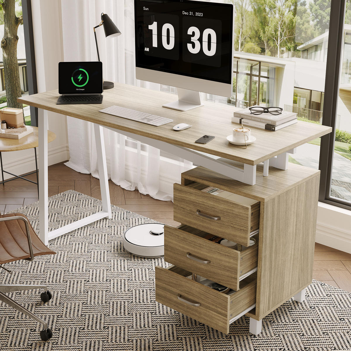 SCHREIBTISCH in Naturfarbe Bürotisch mit Schubladenschienen, 130/55/75cm - Weiß/Naturfarben, Holzwerkstoff/Metall (55/130/75cm) - STILVORA