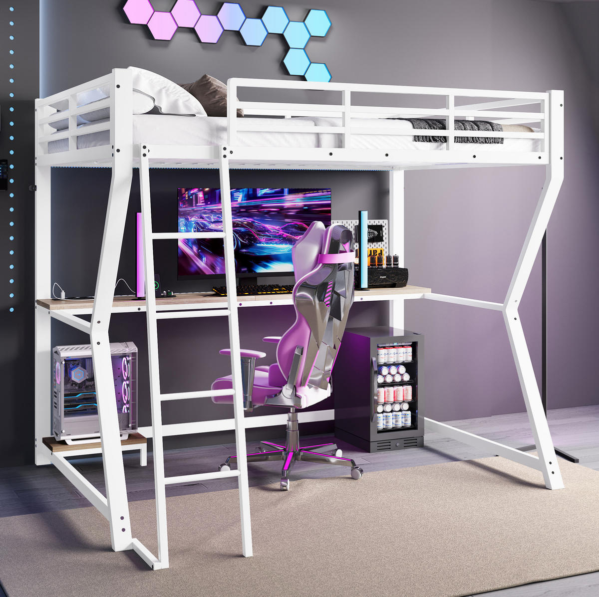 HOCHBETT 90/200 cm Weiß aus Metall und MDF mit Schreibtisch und LED-Beleuchtung - Weiß, Metall (90/200cm) - OKMYHOME