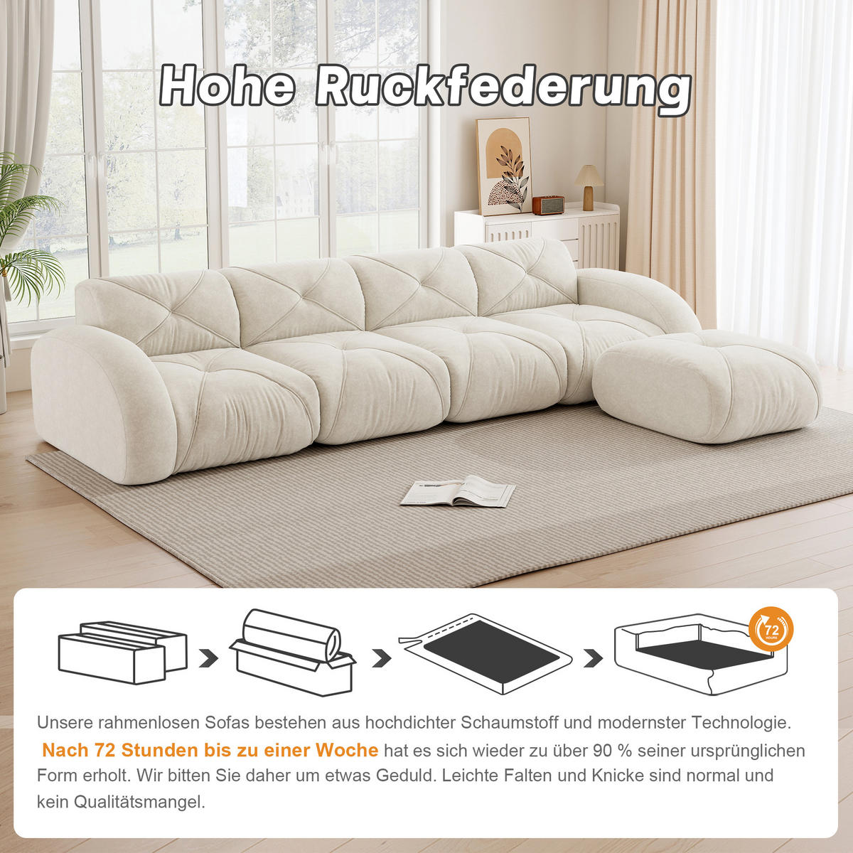 ECKSOFA 358/171/76 cm Hellbeige Chenille mit 1 Fußhocker, rutschfeste Unterseite - Beige, Textil (358/171cm) - Oxeza