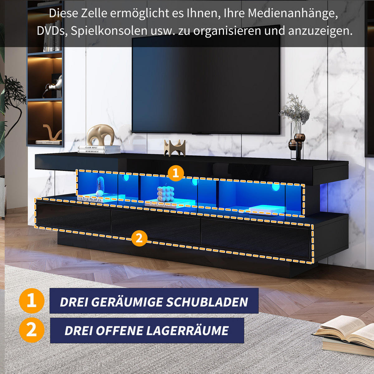 TV-STÄNDER 160x38cm Hochglanz LED-Beleuchtung App-Steuerung Schwarz Glasablagen - Schwarz, Holz (40.5/29/63.5cm) - FLIEKS
