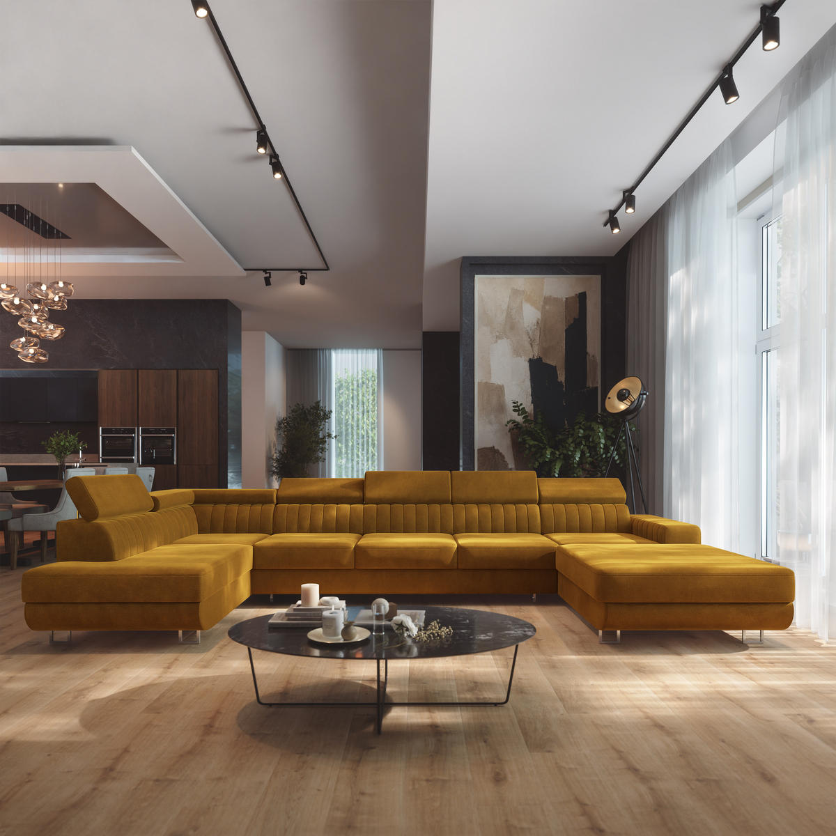 WOHNLANDSCHAFT GAIAN Gelb Velours-Stoff mit Schlaffunktion - Gelb, Holz (412/88/190cm) - MASSENO