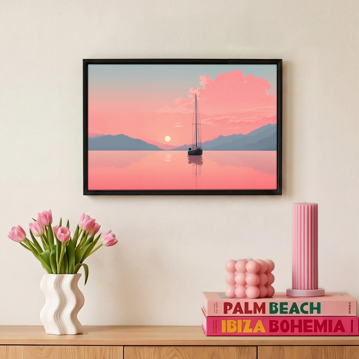 LEINWAND Bilder mit Rahmen - Segelboot - Rosa Meer - Sonnenuntergang - Berge - 30x20 - Rosa, Textil (30/20cm) - MuchoWow