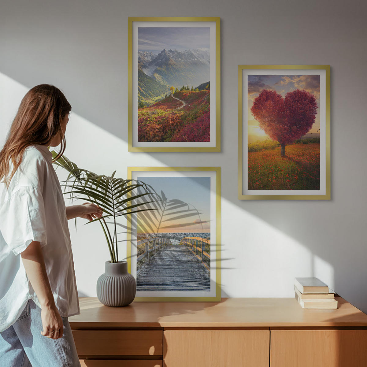 WANDBILDER 3er Set - 40x60 cm Goldrahmen - Landschaften Berge Baum Herz Pier - Goldfarben, Kunststoff (40/60cm) - ArtPrintCave