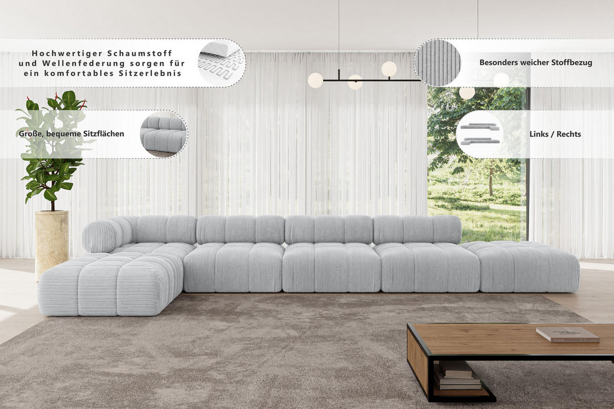 ECKSOFA modulares Sofa Kerru-L3 - 475x190x70 cm Apricot Velours - Koralle, Holzwerkstoff/Textil (475/190cm) - ALTDECOR