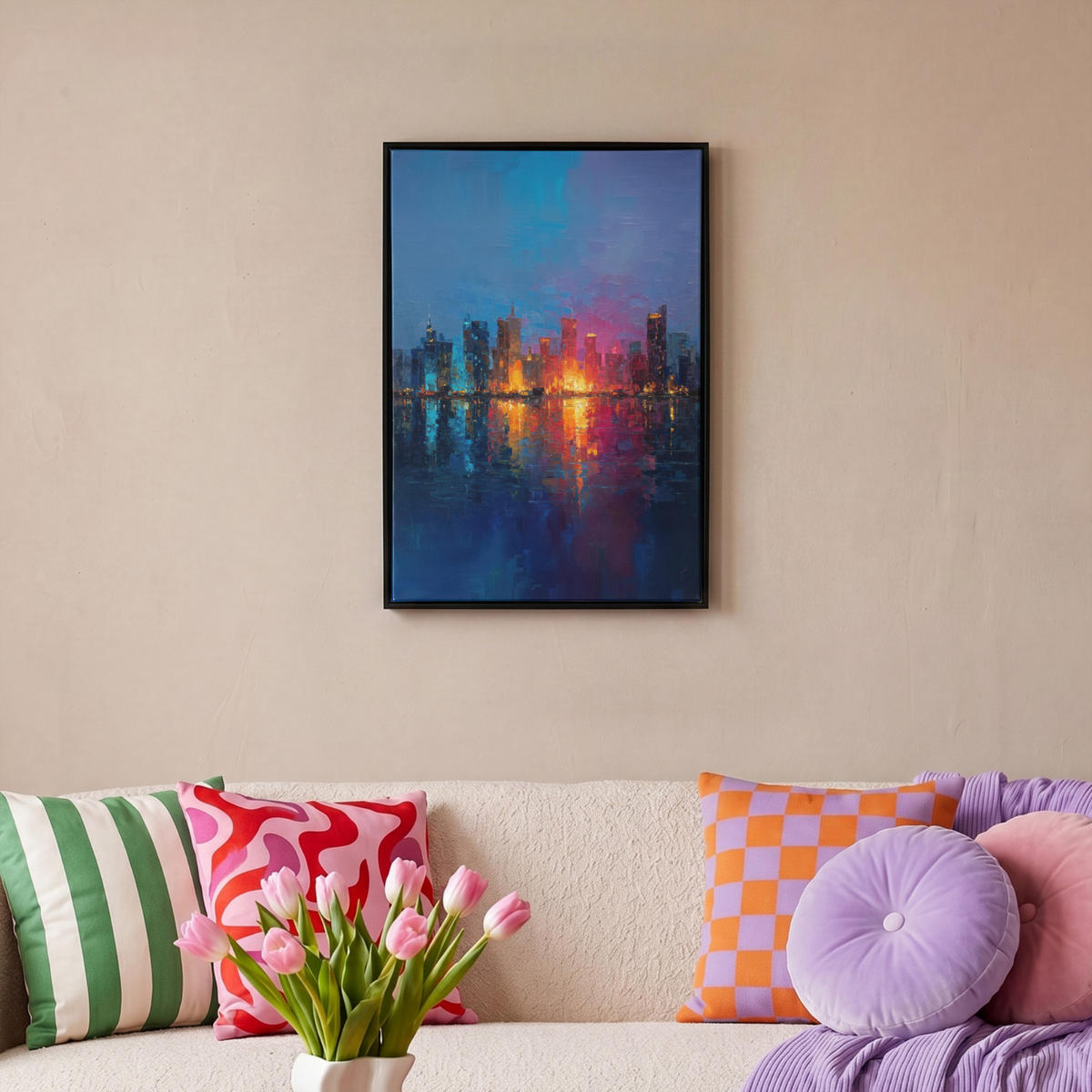 LEINWAND Bilder mit Rahmen - Skyline - Pinselstriche - Dunkelblau - Leuchtend - 40x60 - Blau, Textil (40/60cm) - MuchoWow