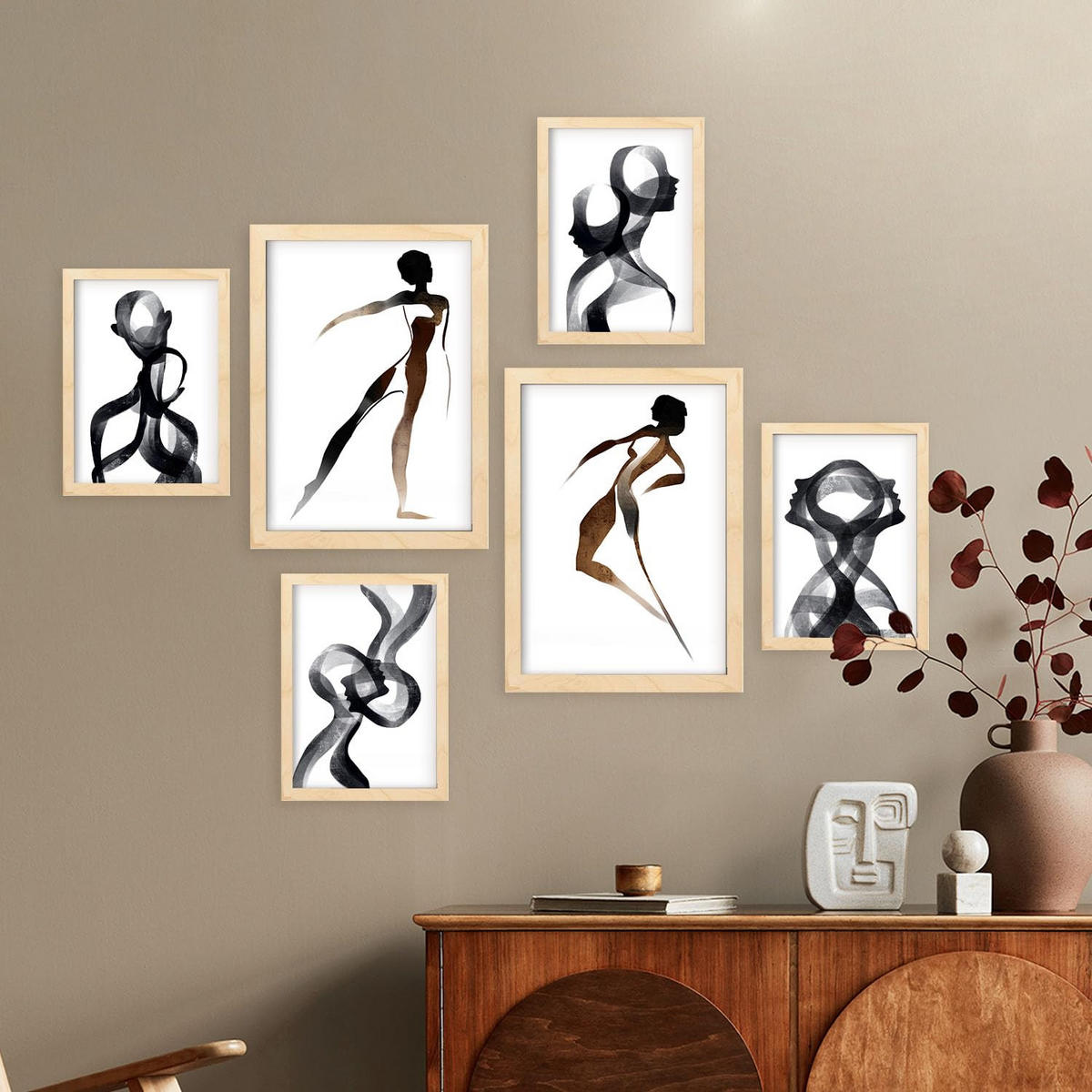 POSTER Set Mit 6 Body Virtue 2 in abstrakten Liebhabern Größe A3 & A4 Rahmen aus hellem Holz - Beige, Papier (29.7/1cm) - Nacnic