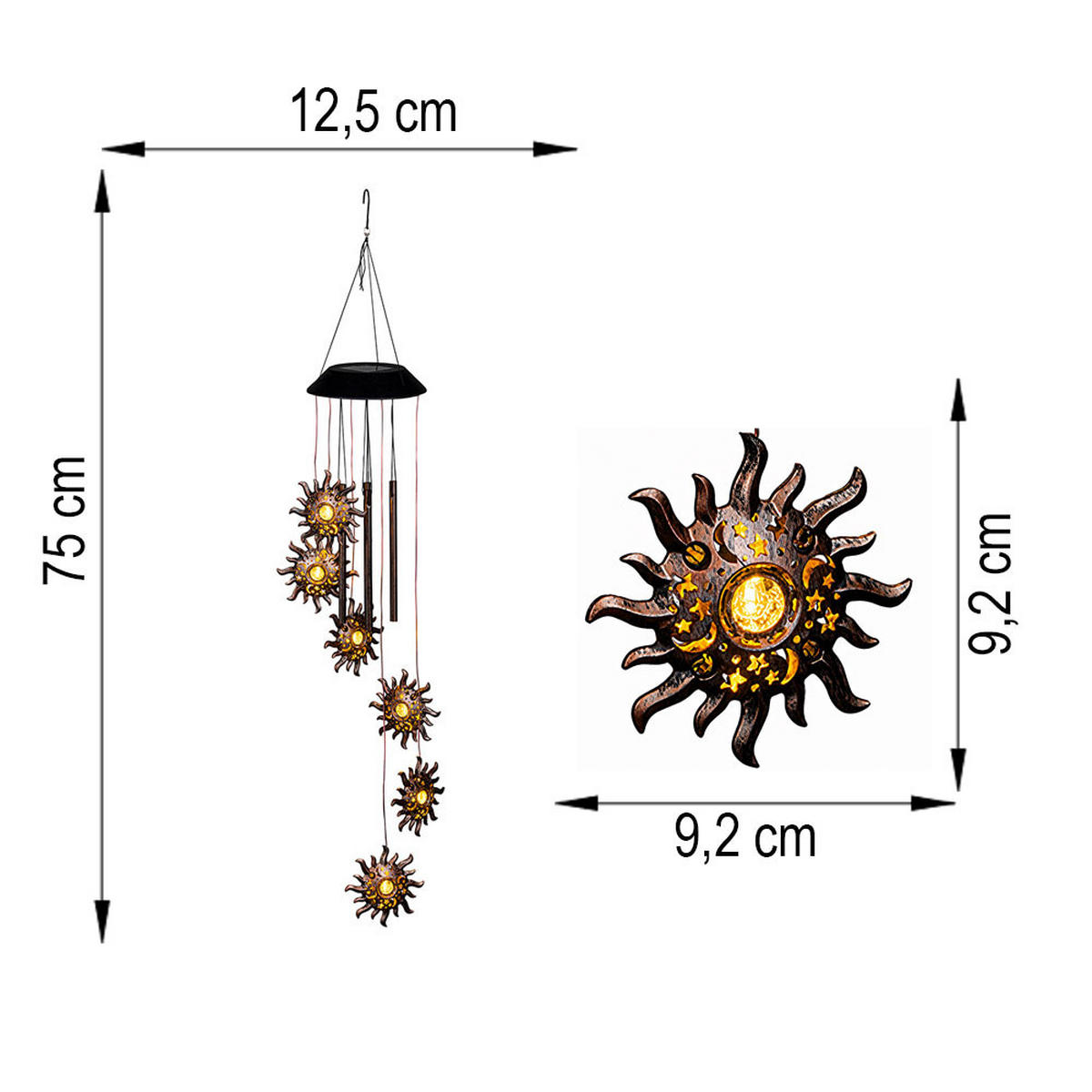 SOLARWINDSPIEL LED SONNE, METALL/KUNSTSTOFF 2x - Braun, Metall (13/13/75cm)