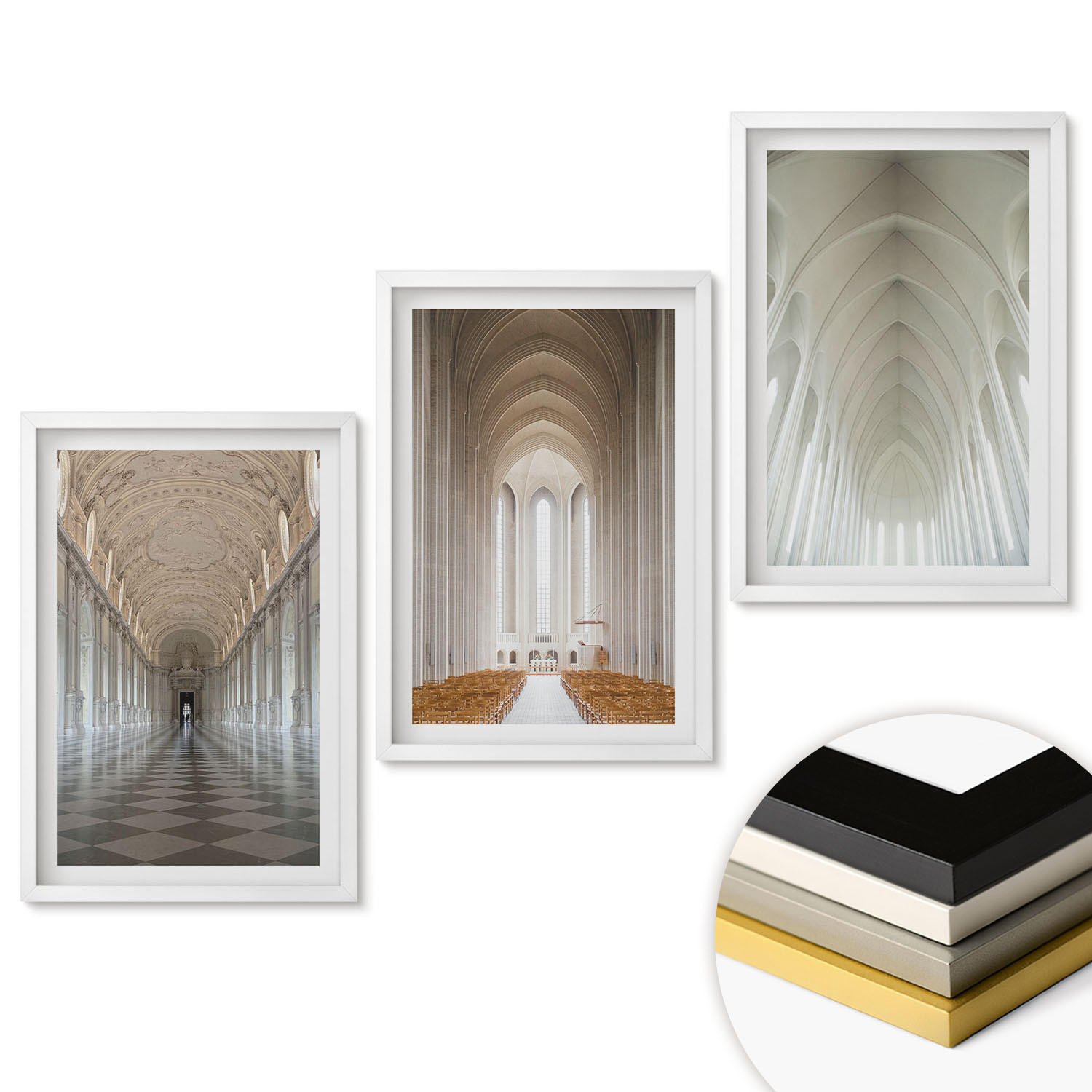 WANDBILDER 3er-Set - 40x60 cm Weißer Rahmen - Innenräume historischer Gebäude - Weiß, Kunststoff (40/60cm) - ArtPrintCave