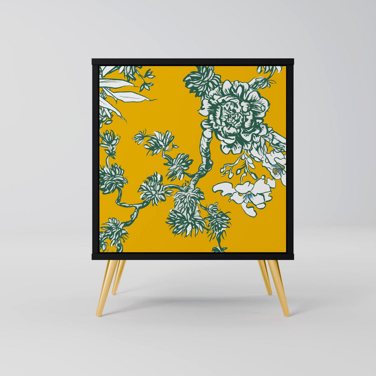SIDEBOARD YELLOW CHINOISERIE, Schwarz, 57,5x42x67,5 cm, Schwarze Metall-Rahmenfüße - Multicolor/Schwarz, Holzwerkstoff/Metall (57.5/67.5/42cm) - SpaceRebels