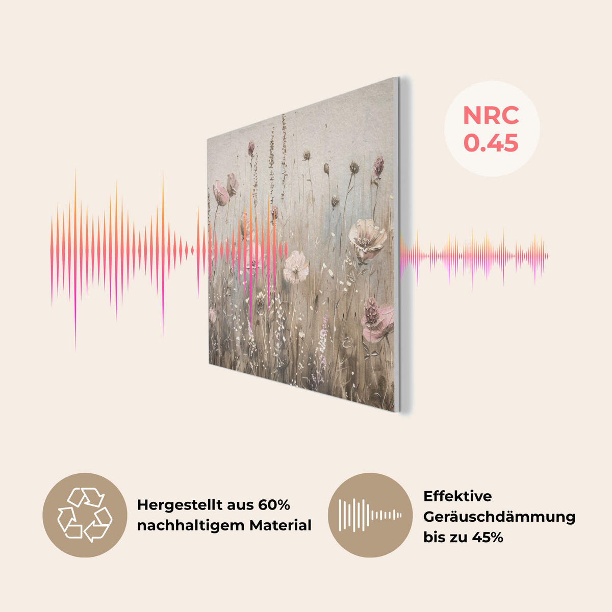 AKUSTIKPANEEL Blumen - Rosa - Modern - Beige 100x70 cm - Beige, Textil (100/0.9/70cm) - MuchoWow