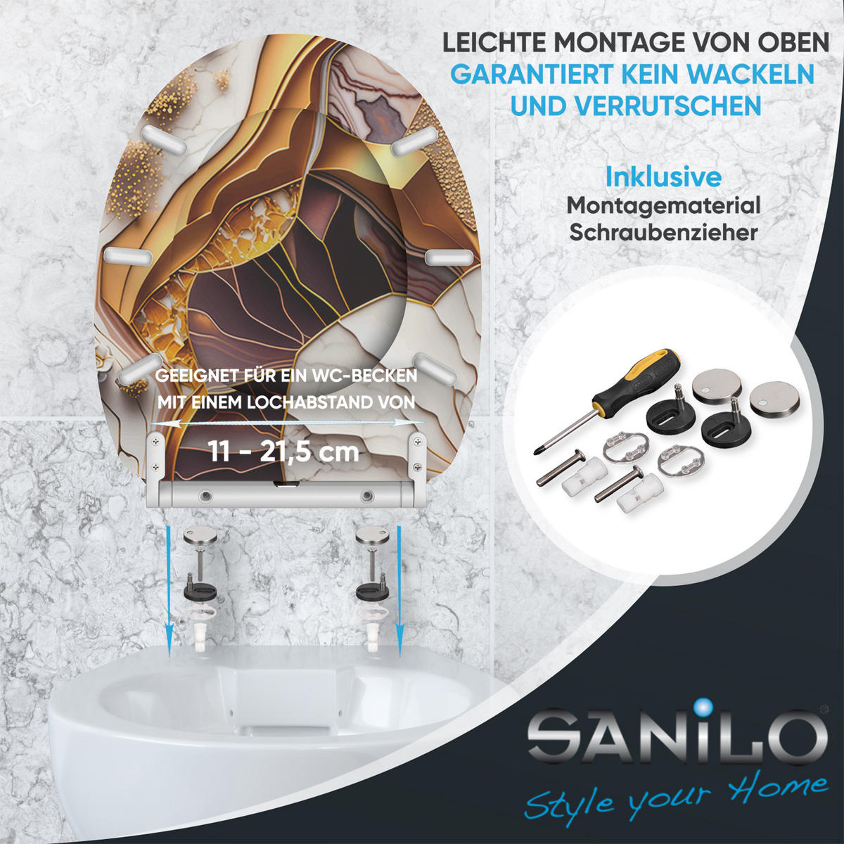WC-SITZ mit Absenkautomatik & Top Fix Marmor Gold - Weiß, Holzwerkstoff (37.7/5/48cm) - Sanilo