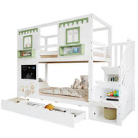 ETAGENBETT aus Kiefer, MDF und Sperrholz 90x200 cm Weiß/Grün mit Treppenstauraum, 2 Schubladen und Lochbrett - Weiß, Holzwerkstoff (90/200cm) - Modfu