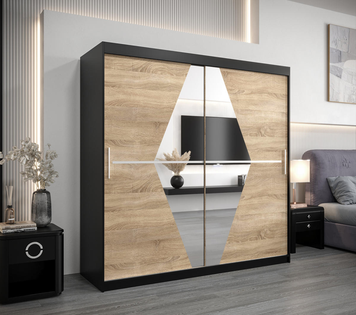 SCHWEBETÜRENSCHRANK 200/200/62 2-türig - Silberfarben/Schwarz, Holz/Kunststoff (200/200/62cm) - Abiks Möbel