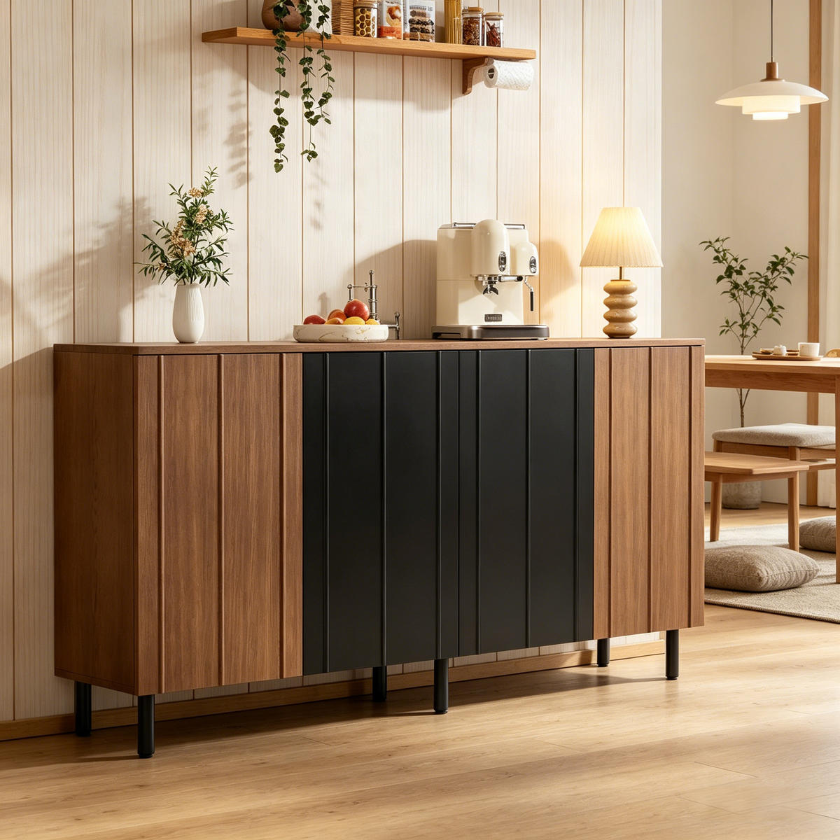 SIDEBOARD mit 4 Schranktüren und verstellbaren Staufächern 160/35/80 cm - Walnussfarben/Schwarz, Holzwerkstoff (160/80/35cm) - EVRYAE