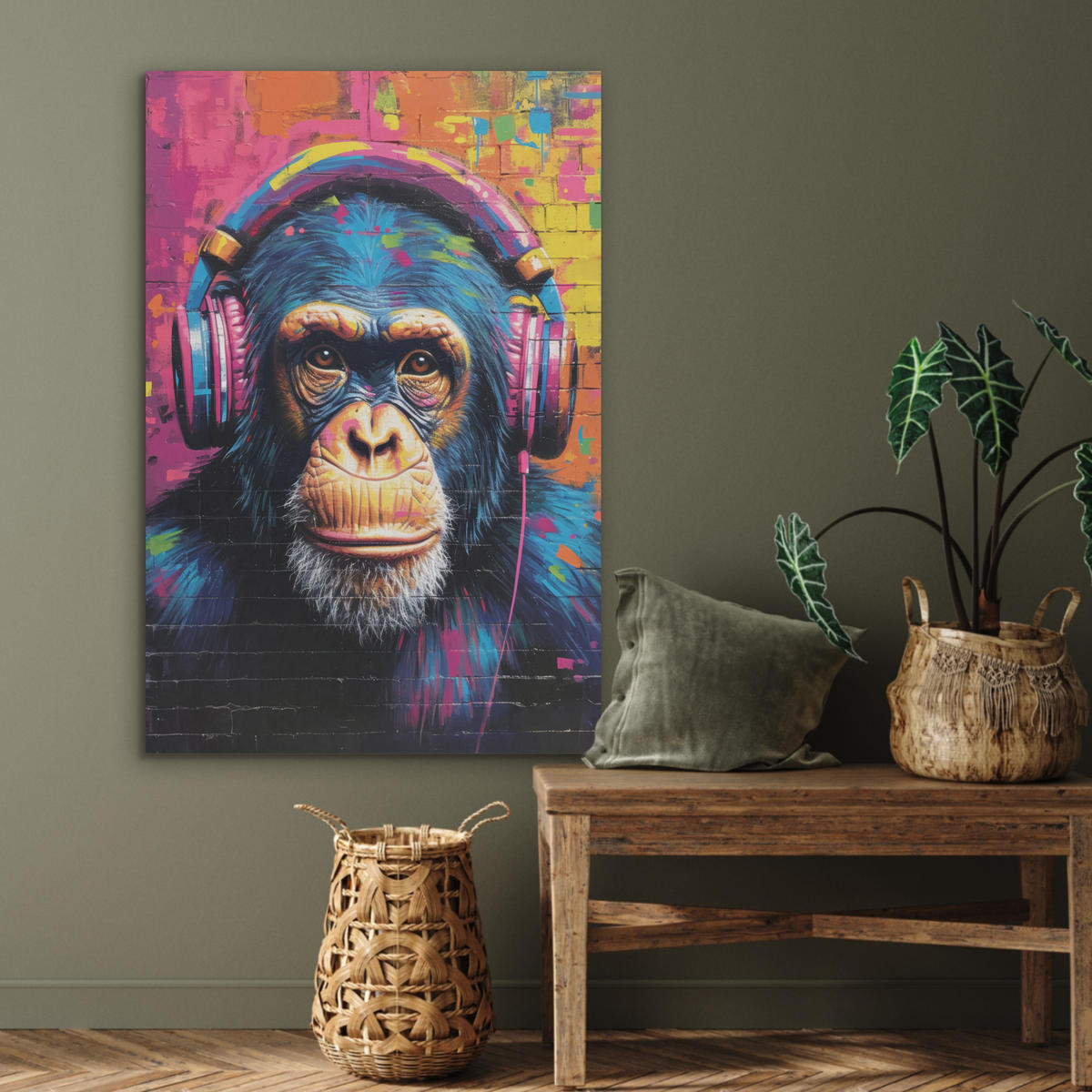 AKUSTIKPANEEL Graffiti - Schimpanse - Straßenkunst - Kopfhörer - Affe 70x100 cm - Blau, Textil (70/0.9/100cm) - MuchoWow