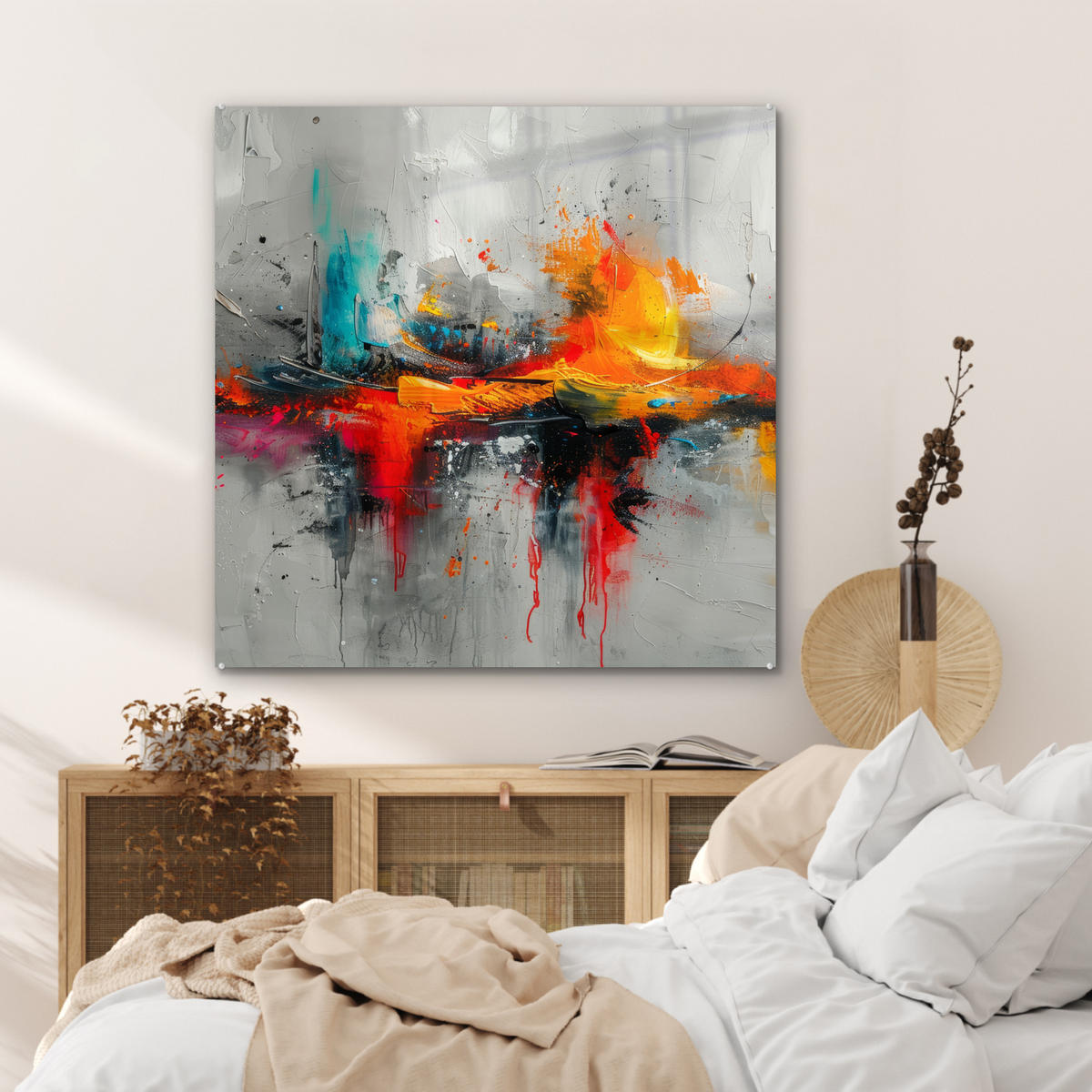 ACRYLGLASBILD Moderne Kunst - Orange - Grau - Abstrakt 90x90 cm - Hellgrau, Glas (90/90cm) - MuchoWow