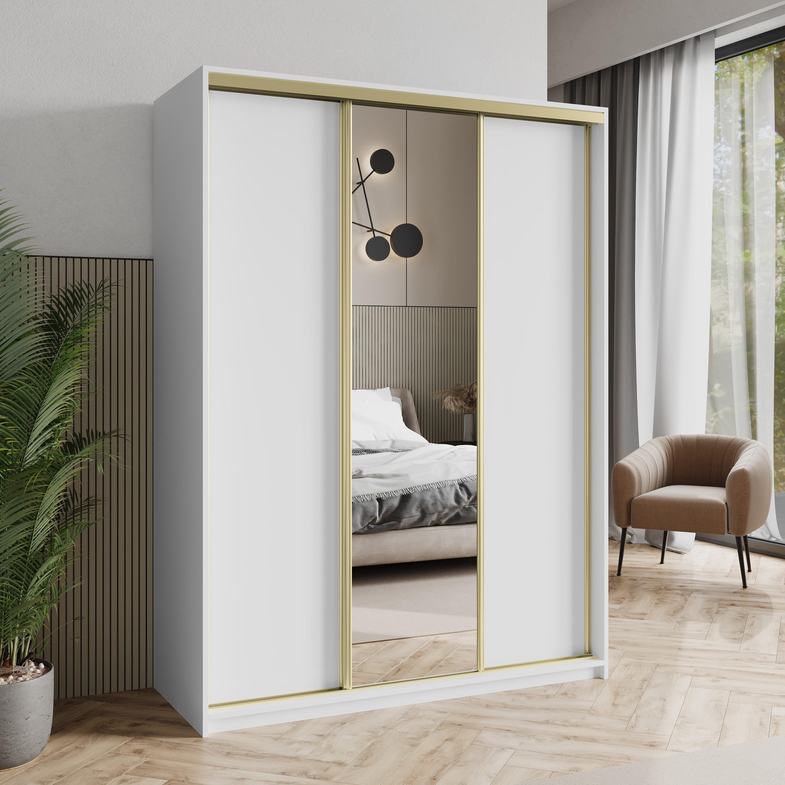 SCHWEBETÜRENSCHRANK TAVI 150/205/60 cm 3-türig mit Spiegel Weiß - Weiß, Holzwerkstoff (150/205/60cm) - MASSENO