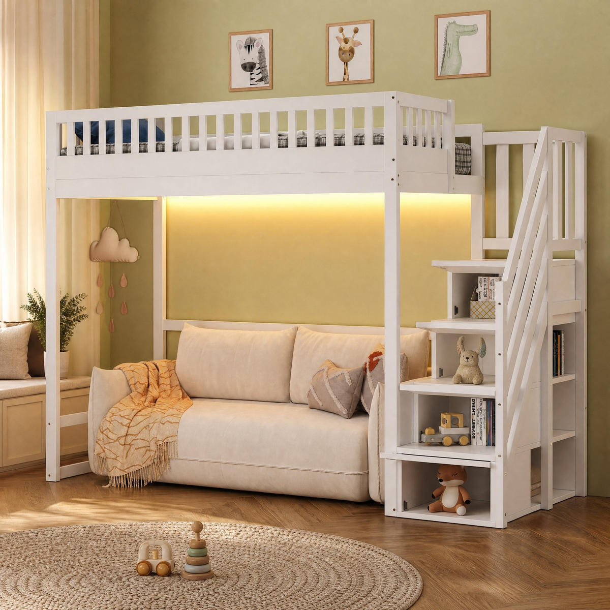 HOCHBETT 90/200 mit Stauraumtreppe, LED-Lichtleiste und Sicherheitsgeländer in Weiß - Weiß, Holzwerkstoff (90/200cm) - EVRYAE