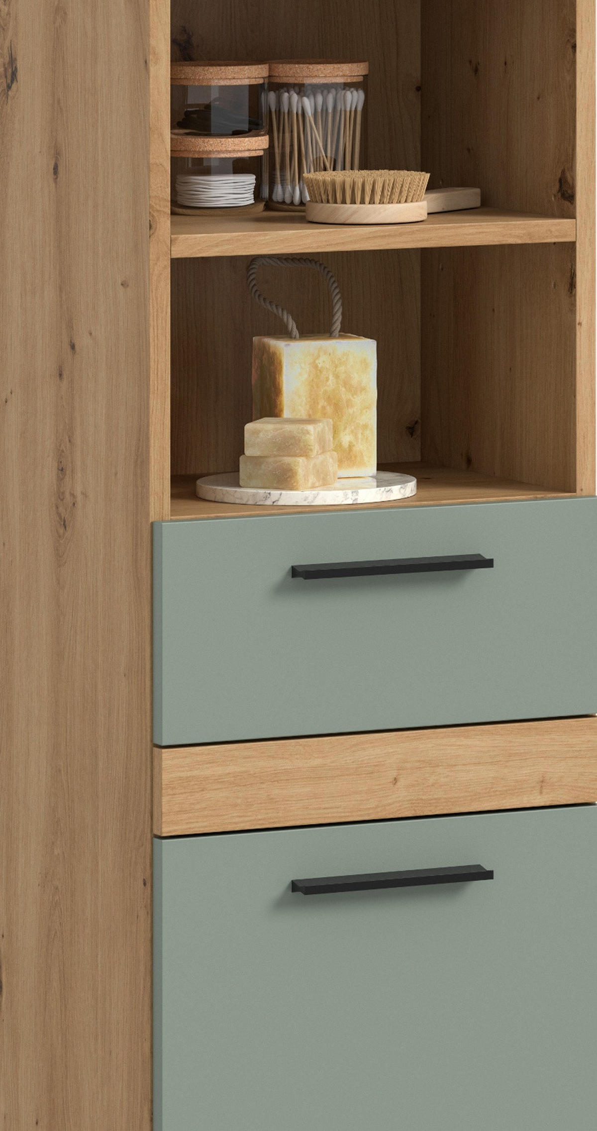 HOCHSCHRANK Salbei, Artisan Eiche 35 x 191 cm, Badschrank mit vielen Fächern - Salbeigrün/Schwarz, Holzwerkstoff/Kunststoff (35/191/31cm) - Inn.Furn