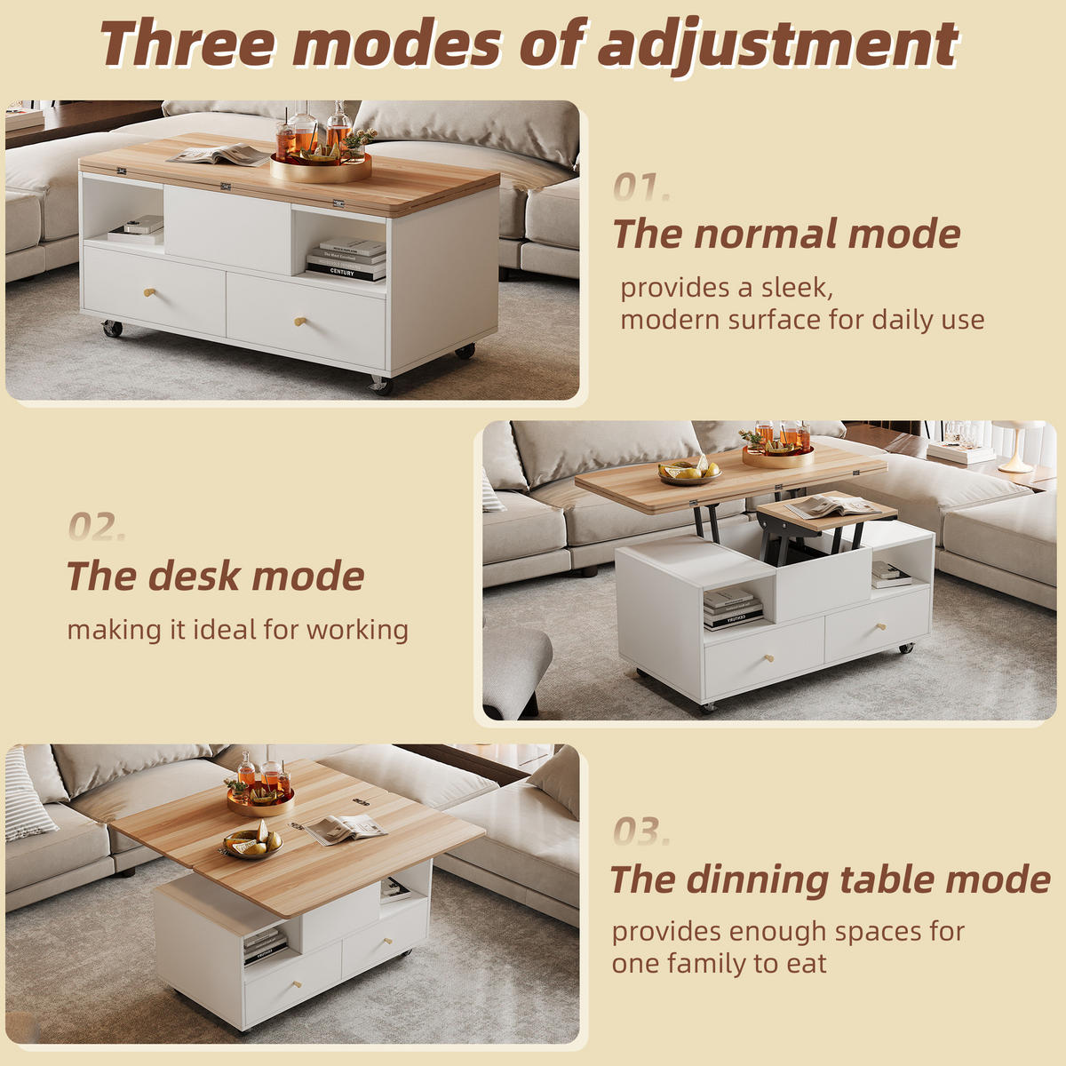 COUCHTISCH 100/50/47.5 cm in Holzfarbe/Weiß aus MDF höhenverstellbar - Naturfarben, Holzwerkstoff (100/50/47.5cm) - OKMYHOME