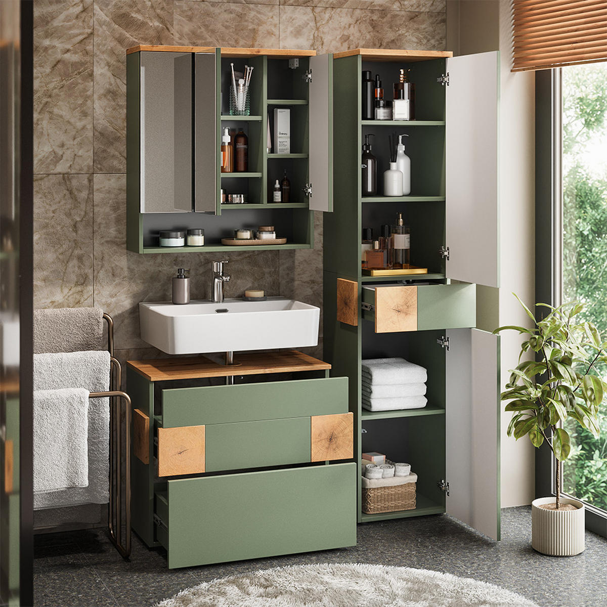 BADMÖBEL-SET Eden Grün/Artisan 3 Teile - Hellgrau/Grün, Holzwerkstoff (70/64.5/37cm) - Vicco