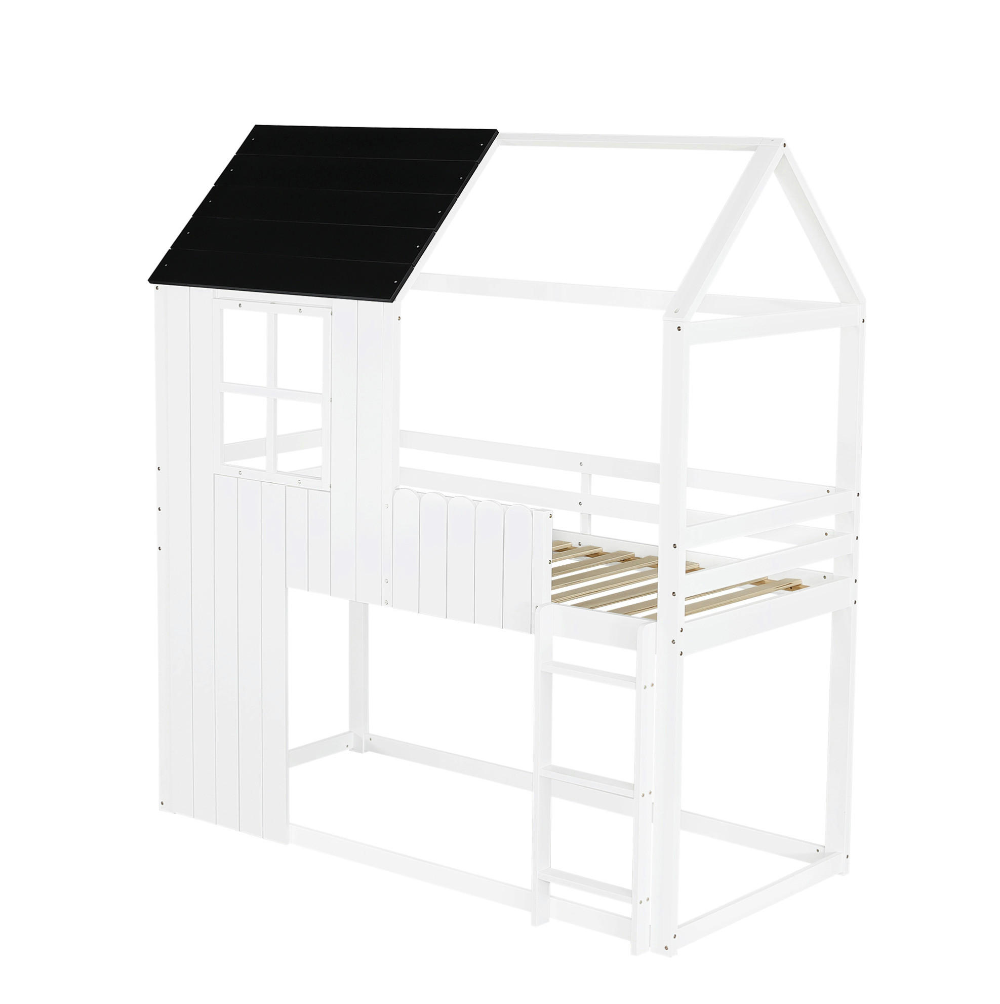 HOCHBETT 90/200 cm Weiß Schwarz mit Treppe und Fenstern ohne Matratze - Weiß, Holz (90/200cm) - MIVRAY