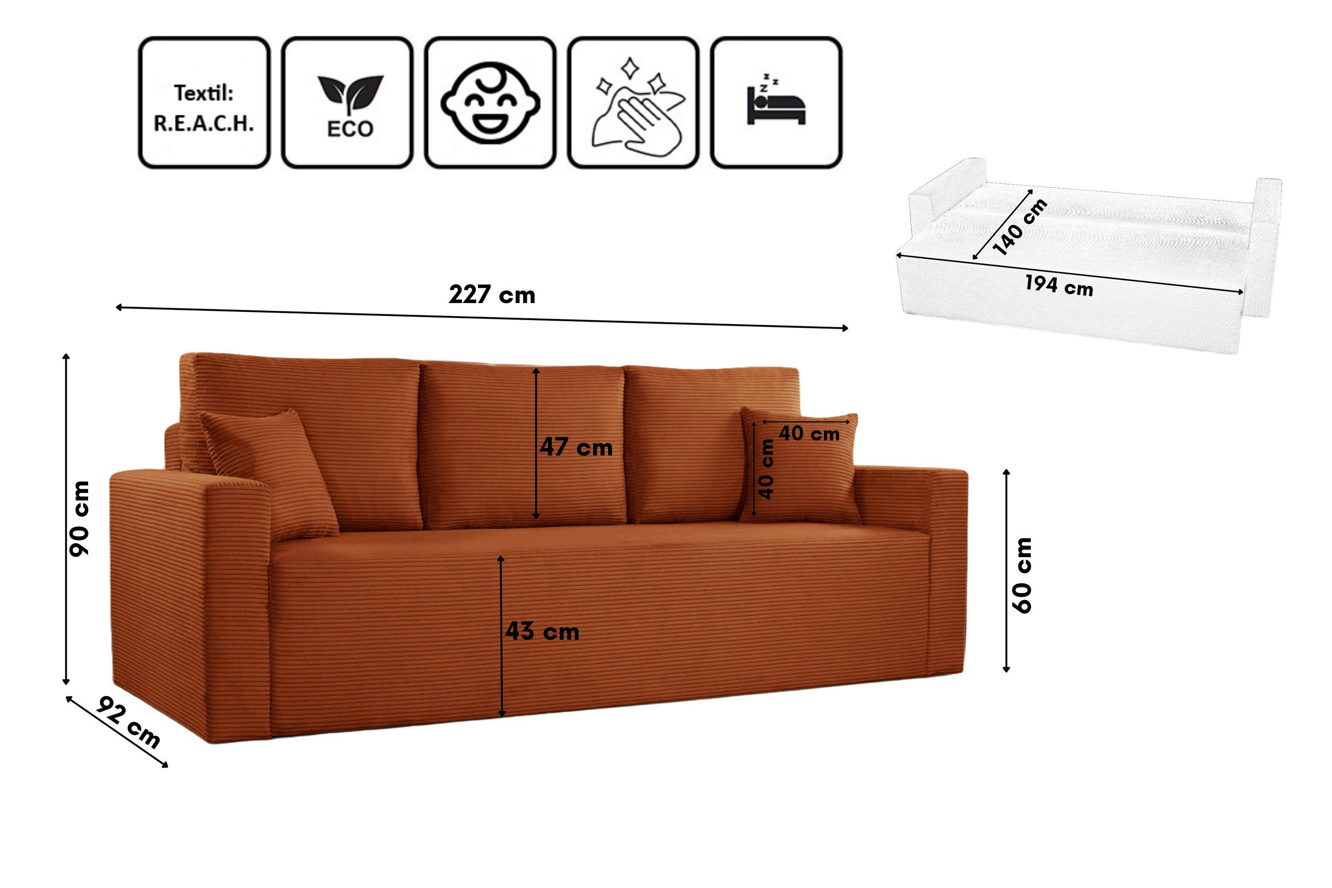 Thumbnail - Kaiser Möbel Schlafsofa, Kupfer, Textil, Füllung: Komfortschaum,Komfortschaum, einzeln stellbar,Rechteckig, 227x90x92 cm...