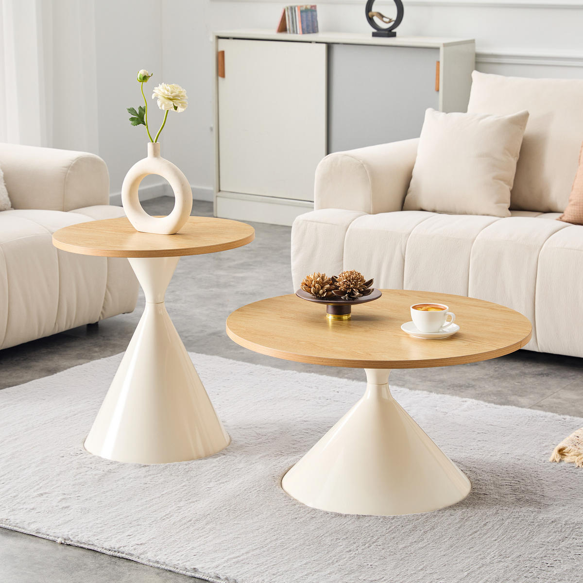 COUCHTISCH-SET DE-37434 2er-Set konusförmig mit Holzoptik Naturholz/Creme - Creme/Naturfarben, Metall (50/50/50cm) - ComfortXL