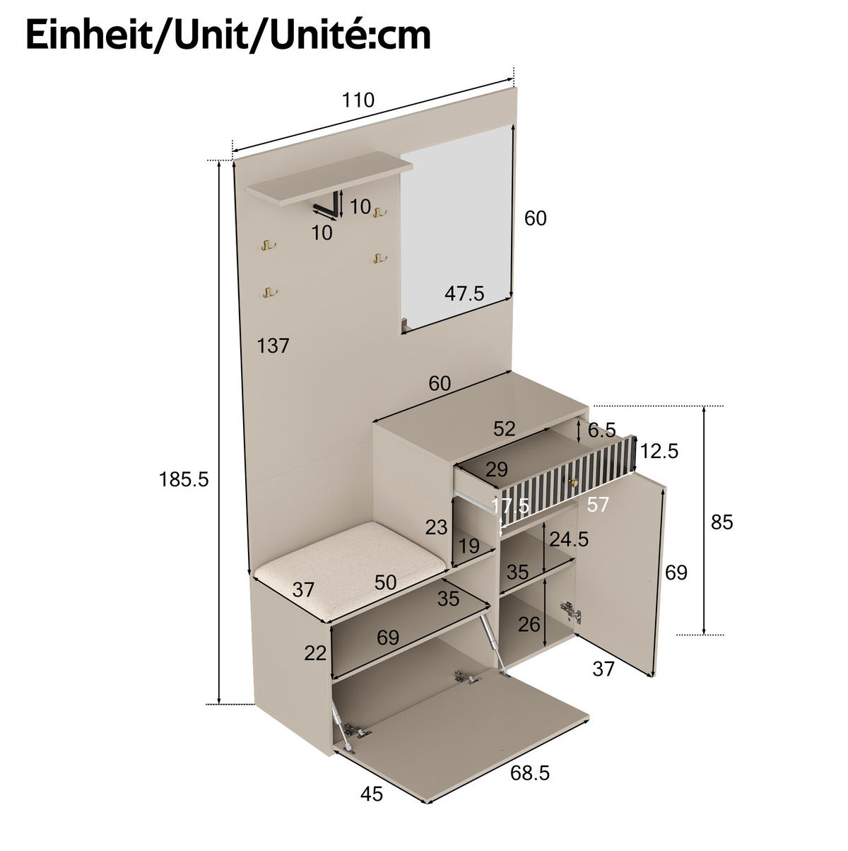 GARDEROBENSET 110/37/185,5 cm aus MDF mit Spiegel und gepolsterter Sitzfläche Beige/Creme - Beige, Holzwerkstoff (110/185.5/37cm) - Modenvie