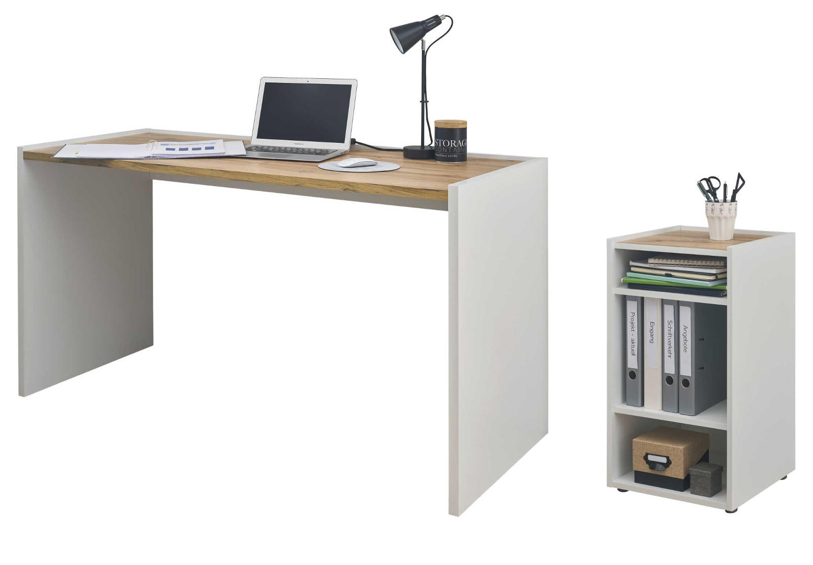 SCHREIBTISCHKOMBINATION 2-teilig weiß matt, Eiche Wotan 143 cm, Büromöbel Set mit Bürocontainer - Silberfarben/Eiche Wotan, Holzwerkstoff/Kunststoff (62/143/76cm) - Furn.Design