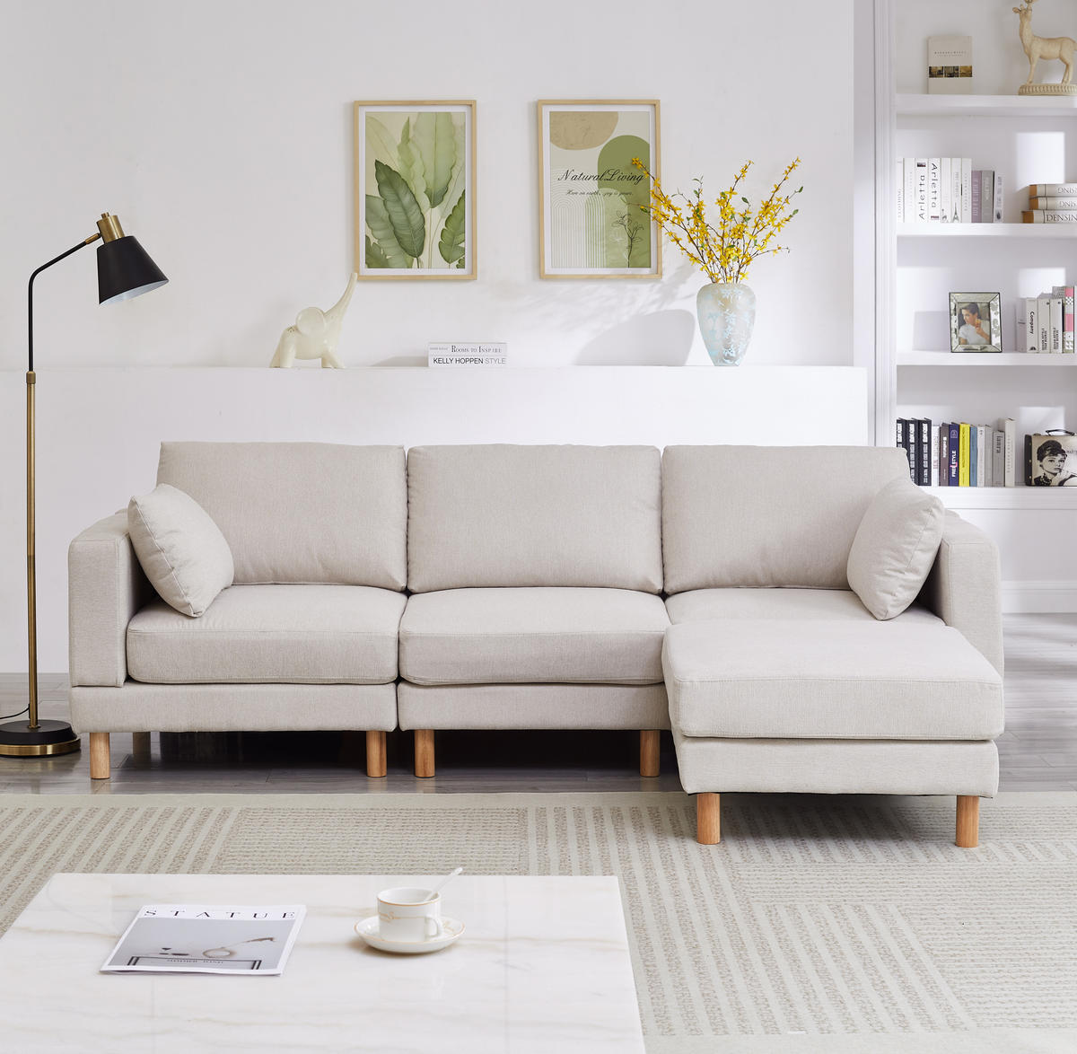 ECKSOFA 3-Sitzer Polyester Beige mit Hocker und Kissen - Beige, Holzwerkstoff/Textil (235/152cm) - WISHDOR