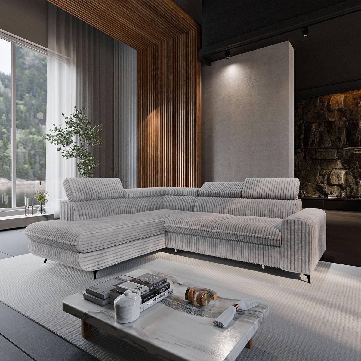 ECKSOFA VELISS Hellgrau Kordstoff mit Schlaffunktion - Grau, Holz (255/193cm) - MASSENO