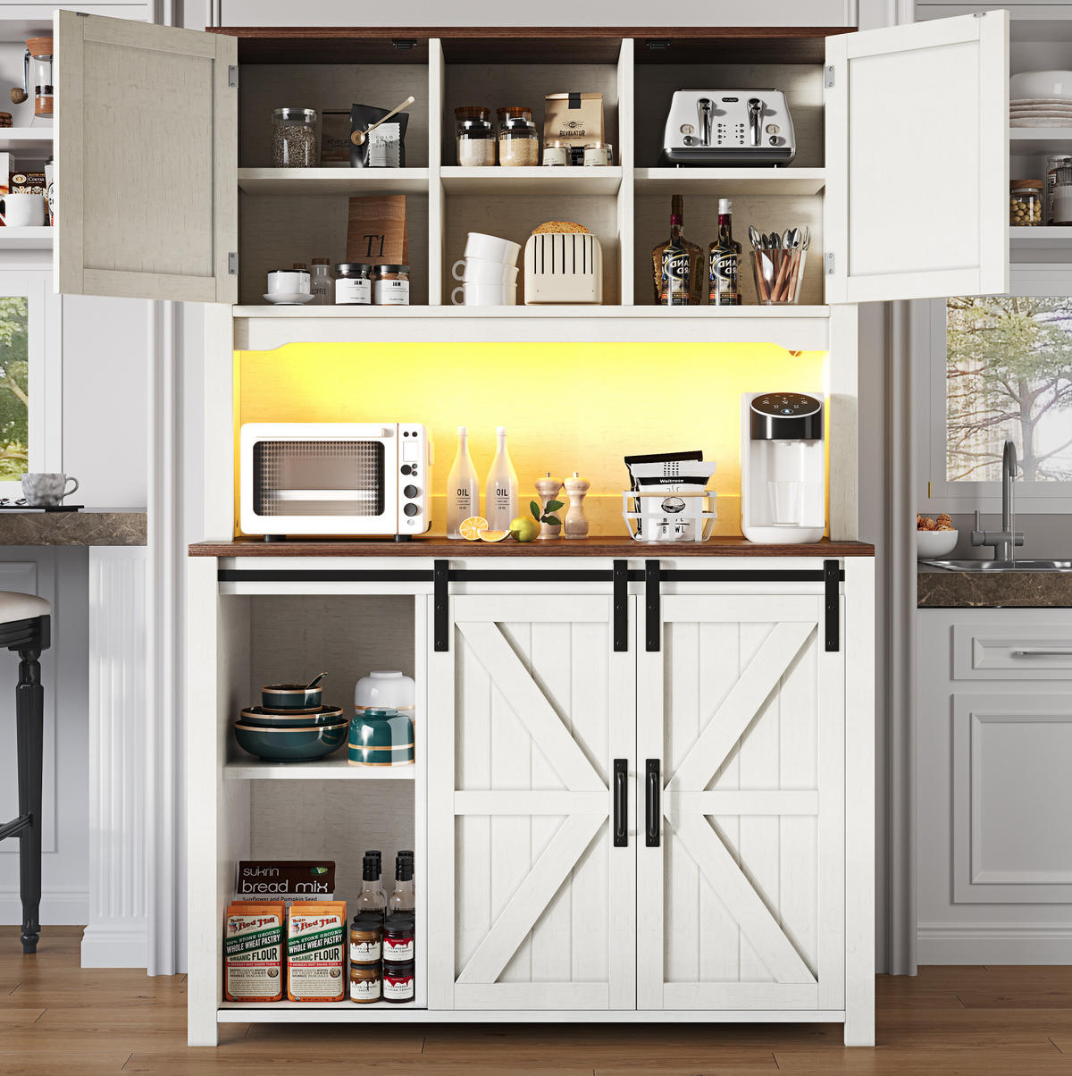 BUFFET 115/40/174,7 cm mit Schubladen, Schiebetüren & LED-Beleuchtung - Weiß, Holzwerkstoff (115/174.7/40cm) - BEAOK