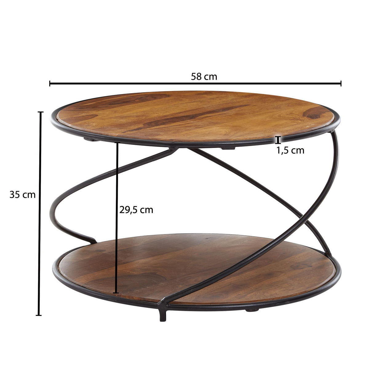 COUCHTISCH Schwarz/Braun, Sheesham Massivholz und Edelstahl, mit 2 Ablageflächen - Schwarz/Braun, Holz/Metall (58/58/35cm) - KADIMA DESIGN
