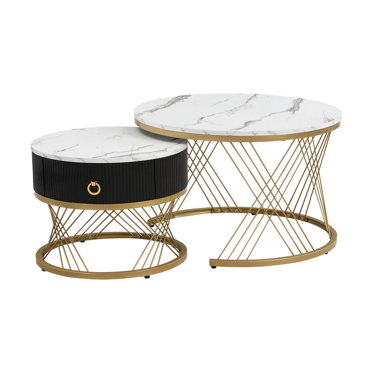 COUCHTISCH SET 2-TEILIG Marmoroptik Golddekor mit Schubladen Weiß - Weiß, Holz (78/76.5/28cm) - FLIEKS