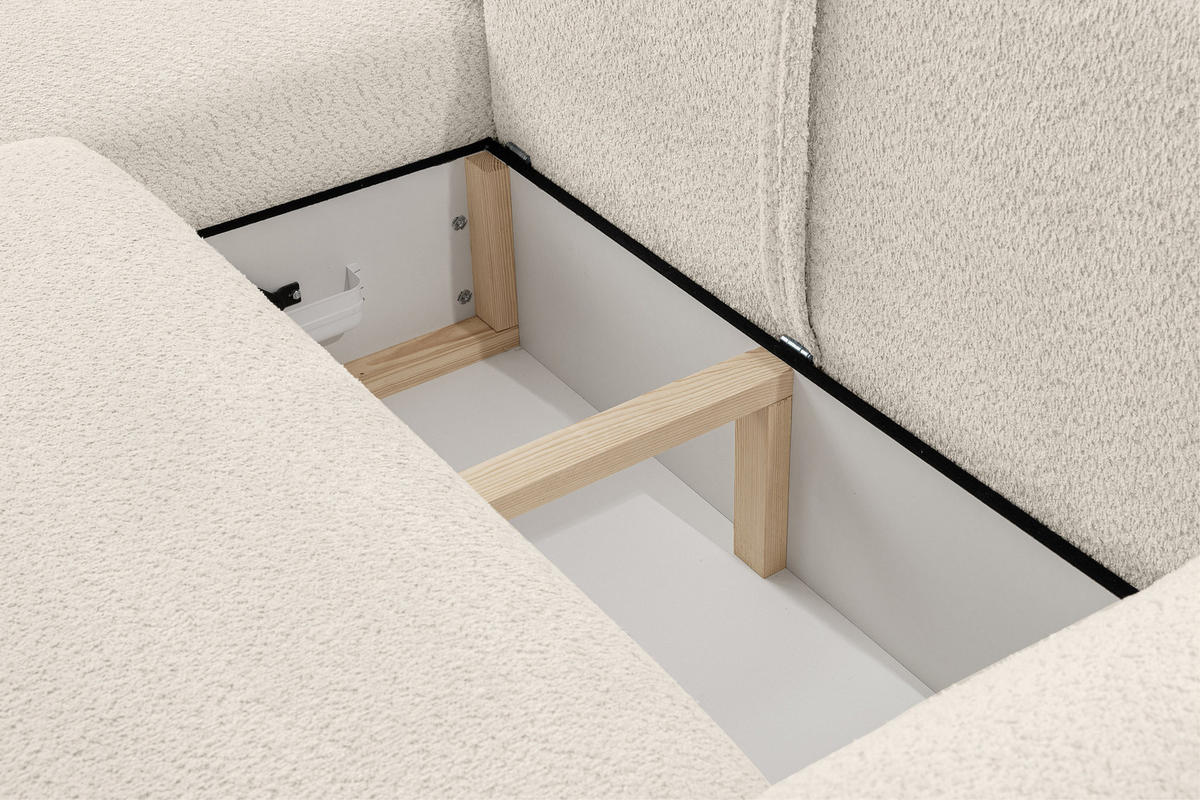 ECKSOFA Moon in L-Form mit Schlaffunktion und Bettkasten, Farbe: Beige, Bouclé-Stoff, Ottomane Links - Beige, Textil (136/260cm) - VENASI MÖBEL