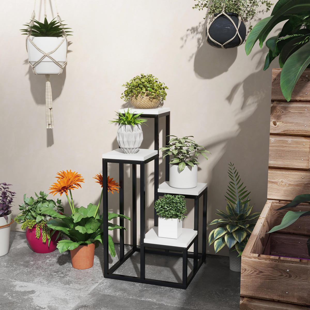 PFLANZENSTÄNDER, Tannenholz, Stahl, Schwarz+Weiß - Multicolor, Metall (34/70/34cm) - Outsunny