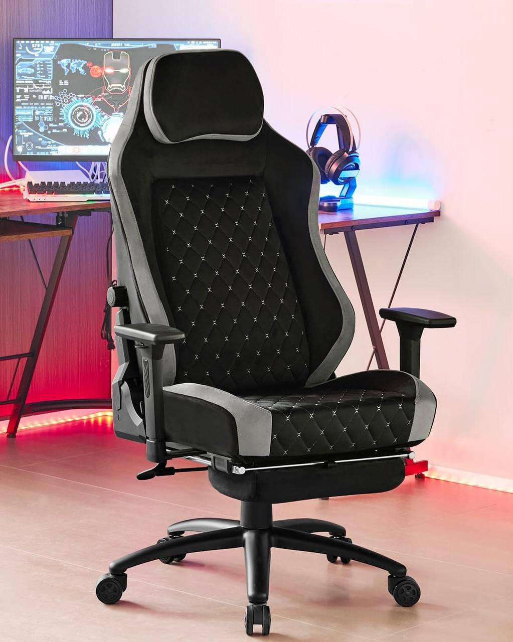GAMINGSTUHL Samtbezug, Metallrahmen, Schwarz+Grau - Schwarz/Grau, Kunststoff/Textil (73/122.5/65cm) - Woltu